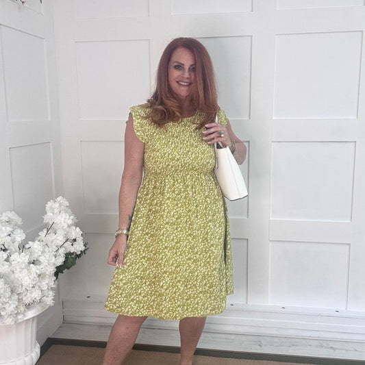 Fern: Lemon ditsy floral stretchy short dress. One size 8-16