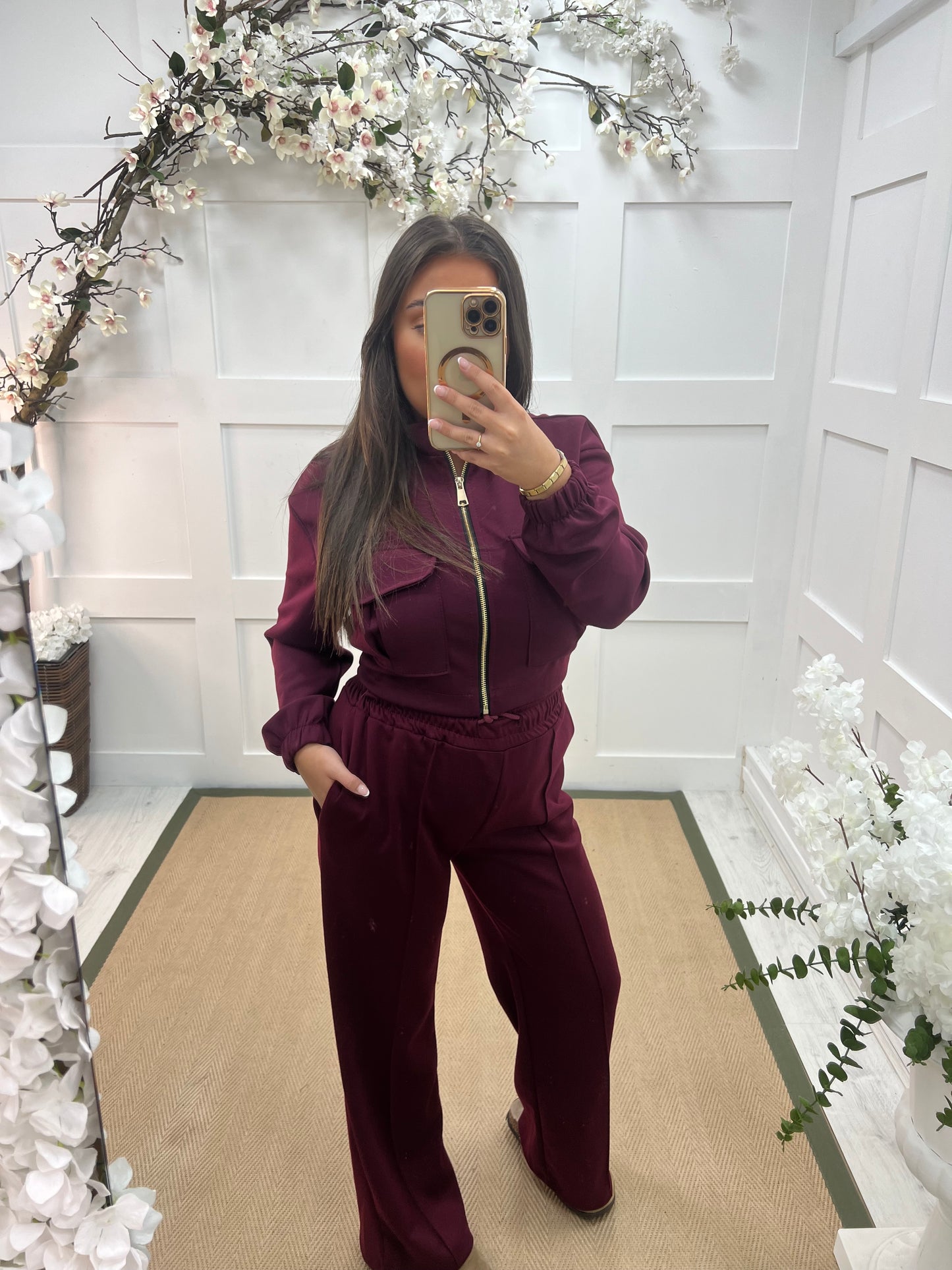 Trudy (Short): Burgundy stretchy wide leg pocket trousers. One size: 10-16