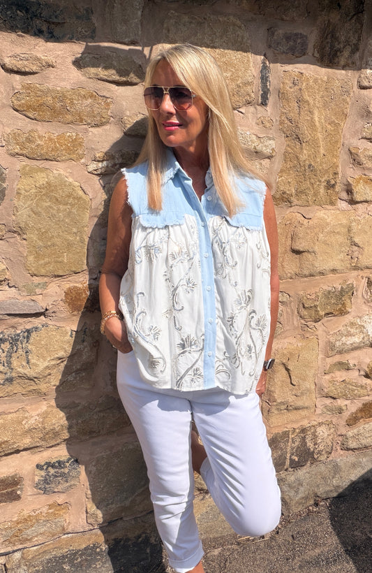 Summer: Blue denim sequin shirt. One size: 12-18