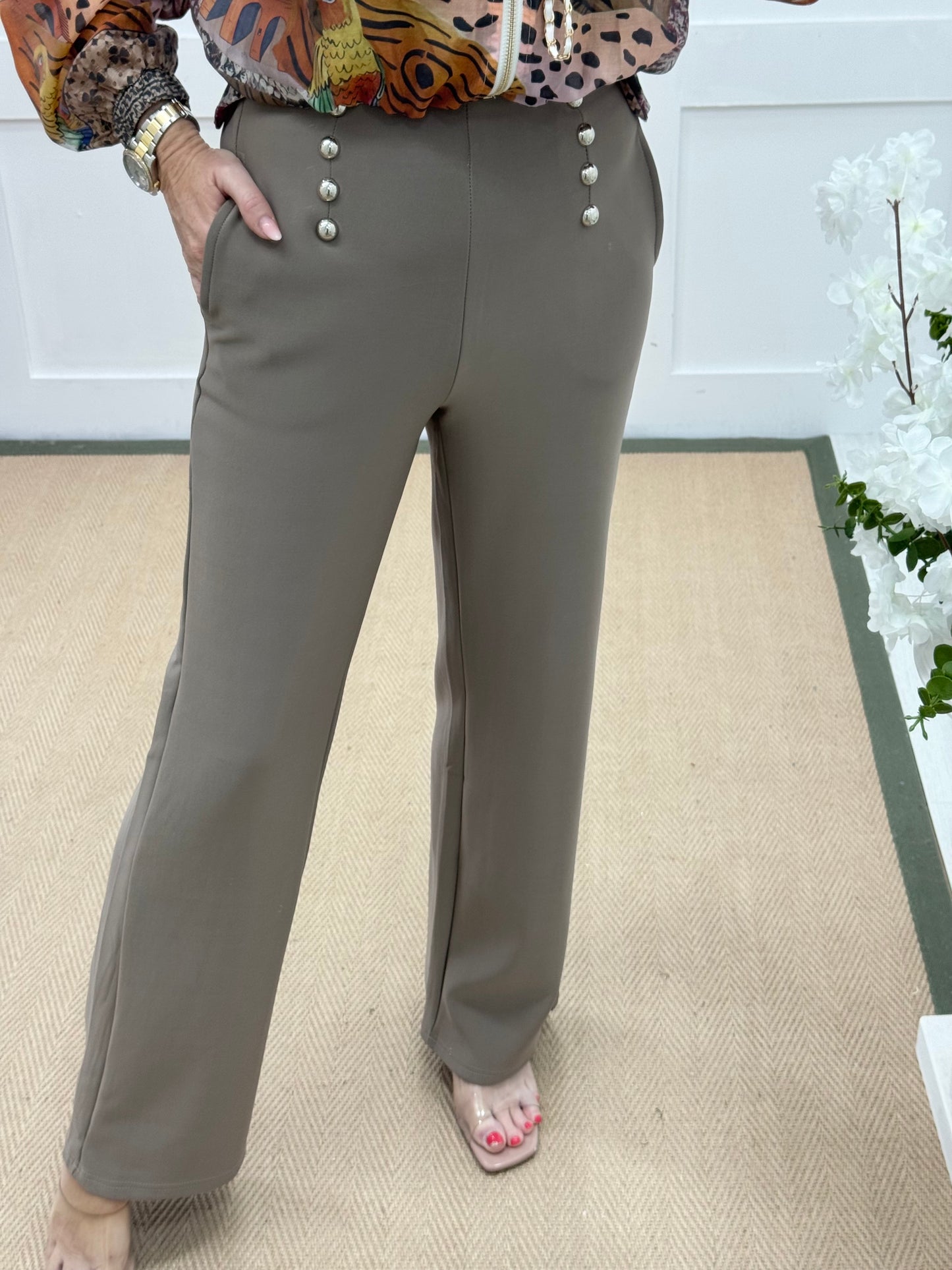 Paris: Taupe stretchy silver button trousers. 4 sizes