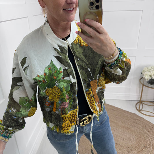 Martha: Silky khaki jungle printed bomber jacket. One size: 8-18