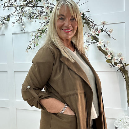 Marina: Brown long suedette trench coat. One size 12-18