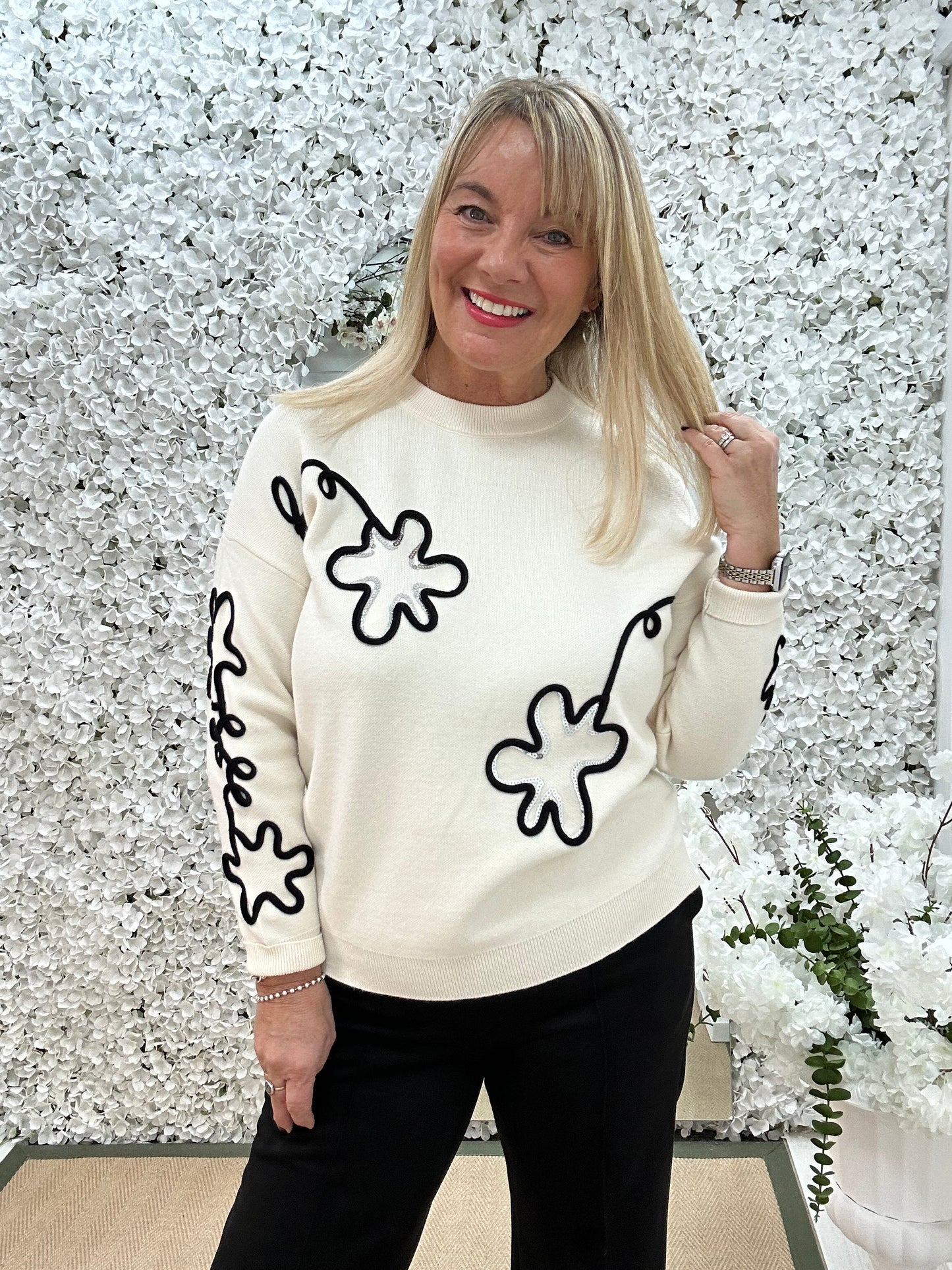 Dahlia: Cream embroidered sequin knit. One size: 12-18