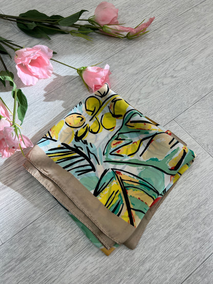 Tanvi: Tropical leaf print silky neck scarf. 3 colours