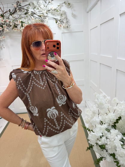 Palma: Palm tree print embroidered top. One Sz: 10- 16. 3 colours
