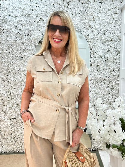 Clara: Beige belted shirt & trouser safari set. 2 sizes.