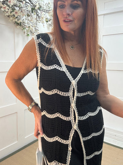 Cici: Black longline crochet waistcoat. One size: 10-14