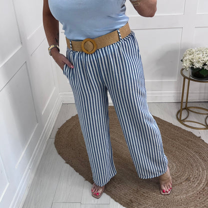 Tiff: Blue stripe wide leg belted trousers. One size: 8-14