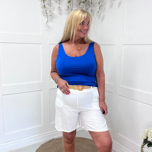 Cally: White belted wide leg shorts. One Size 10-16