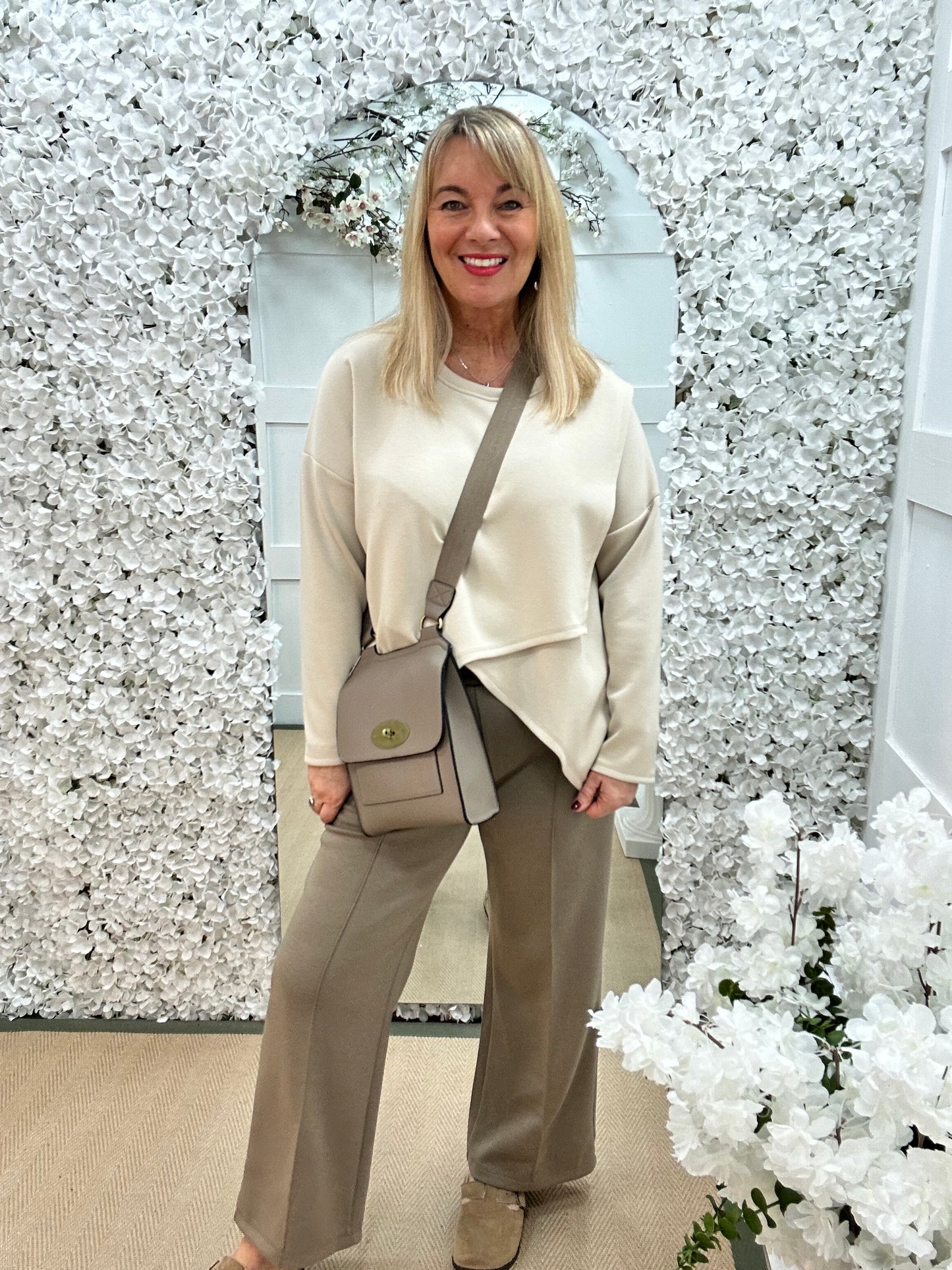 Phoebe: Taupe over lay front oversized top . One size: 14-18