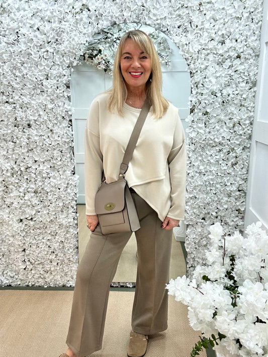 Phoebe: Taupe over lay front oversized top . One size: 14-18