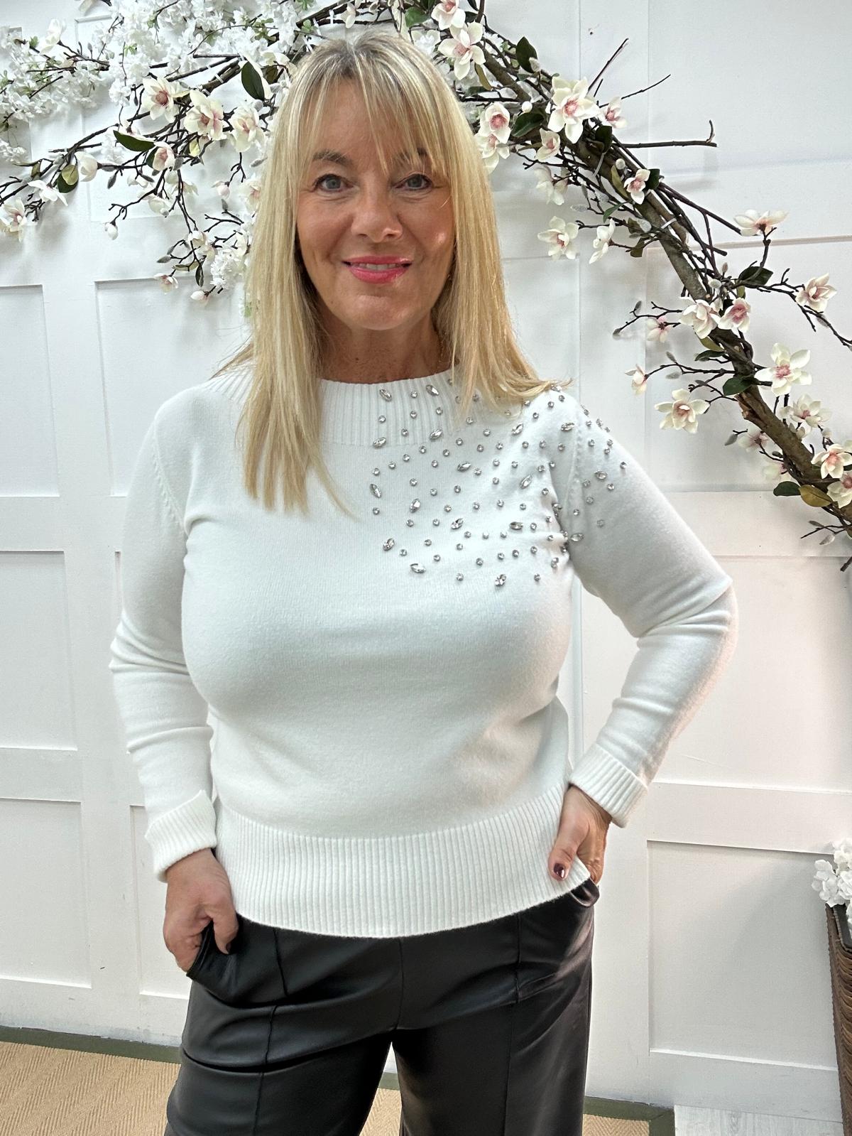 Lois: White rhinestone shoulder knit. One size: 12-16