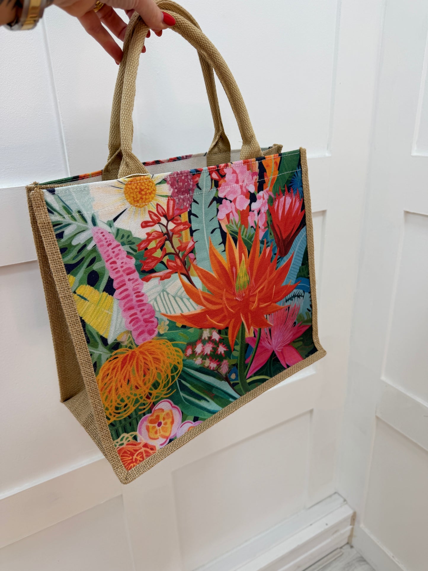 Connie: Multicoloured floral hessian beach bag