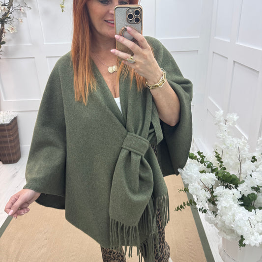 Candy: Khaki wool fringe cape. Free size