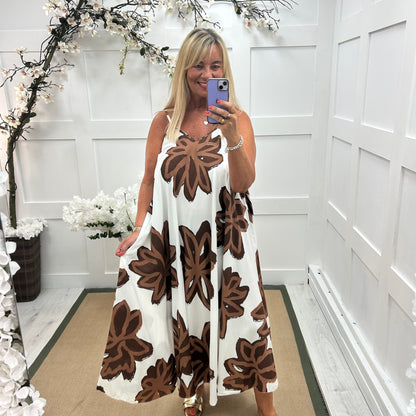 Helena: Brown big flower maxi dress. One size: 14-22