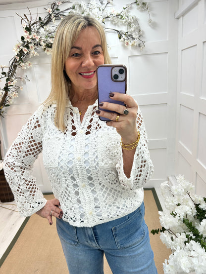 Lainey: White crochet shirt top. One size: 12-16
