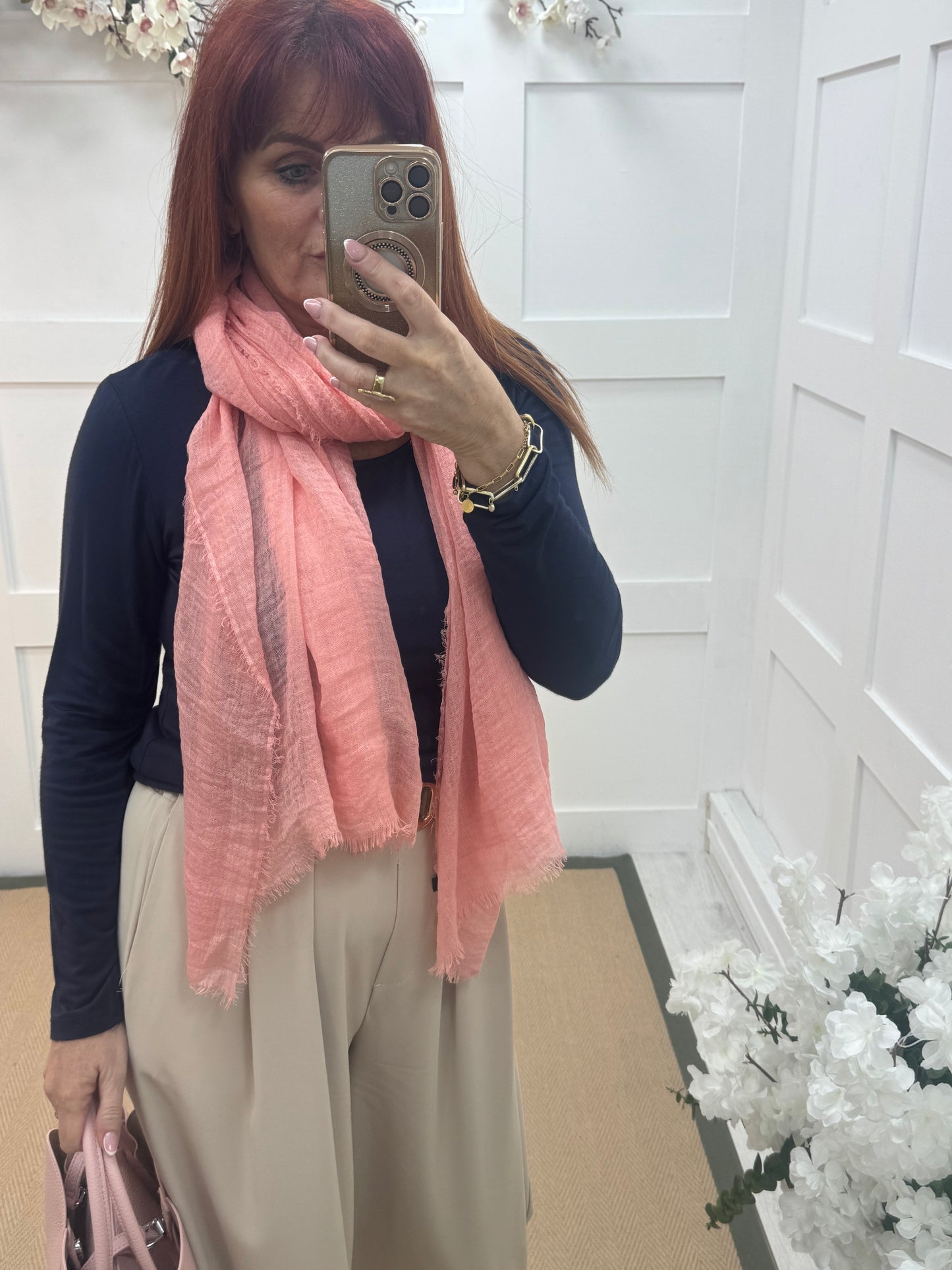 Tula: Salmon pink long frayed raw edge scarf. One size