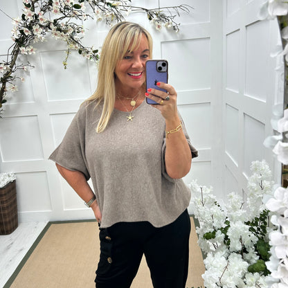 Carys: Mocha short knitted top. One size: 12-18/20