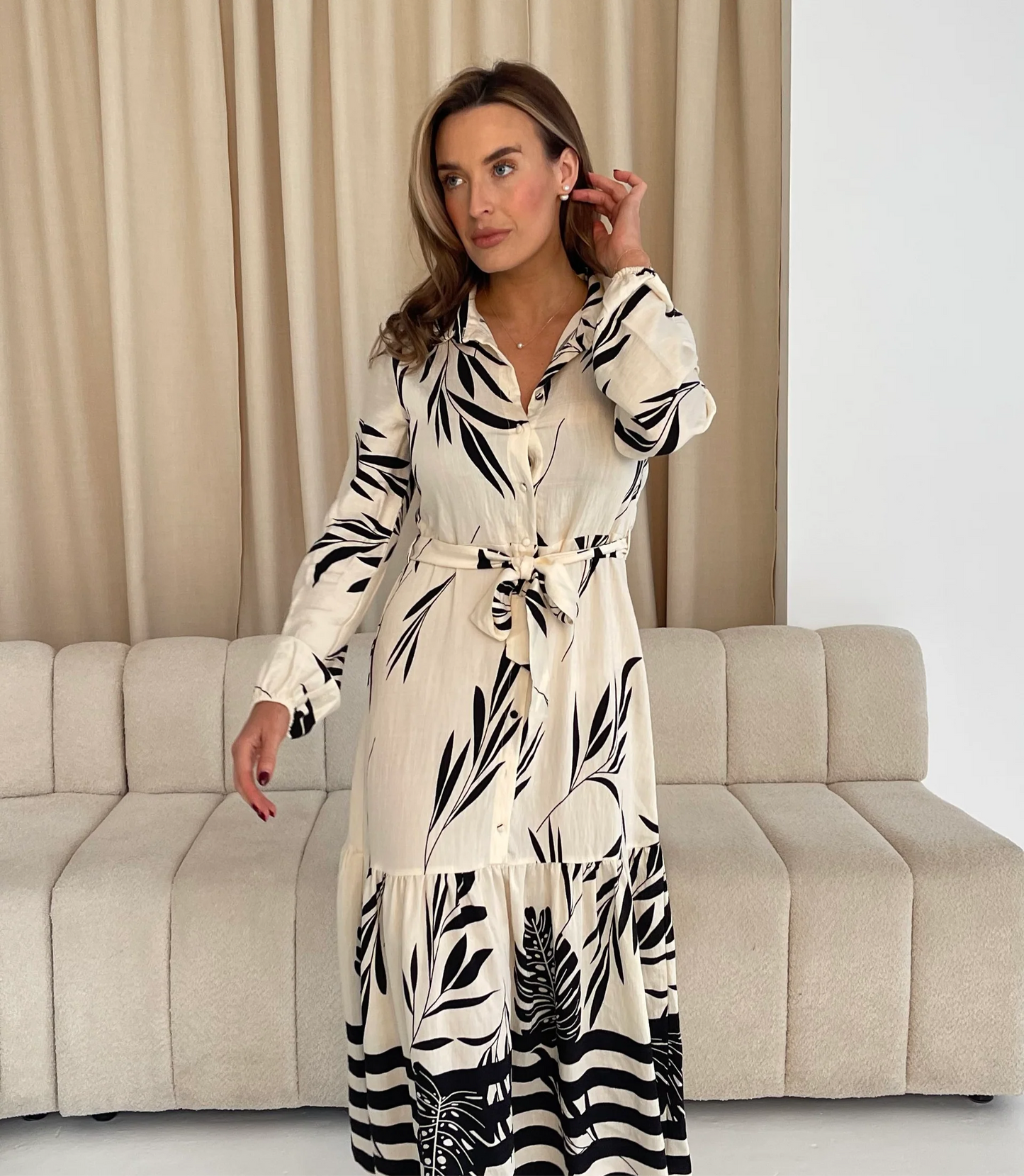 Tiana: Cream & black printed midi dress. Sizes: 12-18