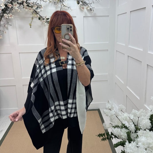 Karla: Black & white check wool  cape. Free size