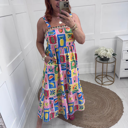 Amelia: Fruit print & embroidered pocket dress. 3 sizes