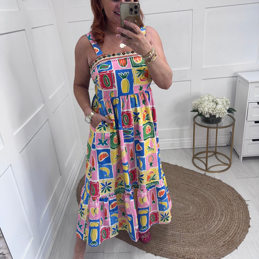 Amelia: Fruit print & embroidered pocket dress. 3 sizes