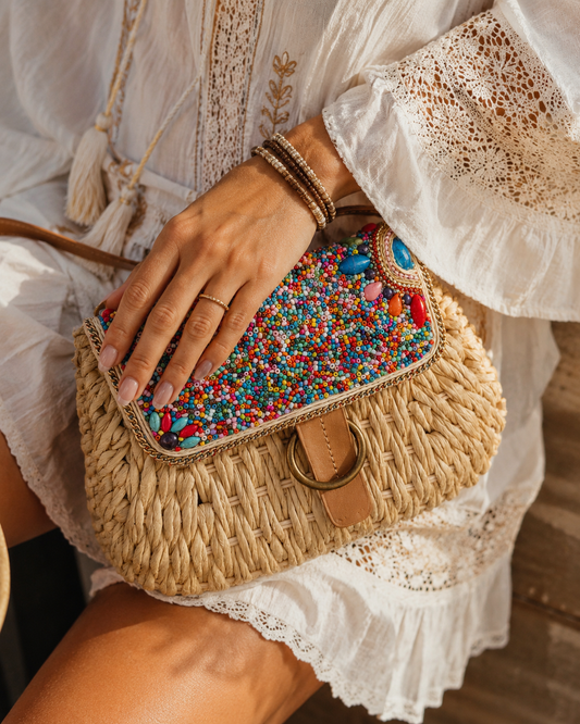 Bali: Multicoloured beaded basket bag. 2 colours