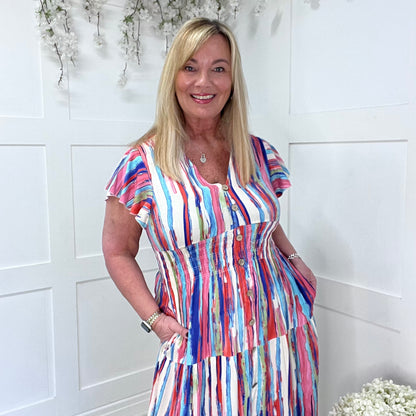 Charley: Multi stripe V neck stretchy maxi dress. One size: 10-20