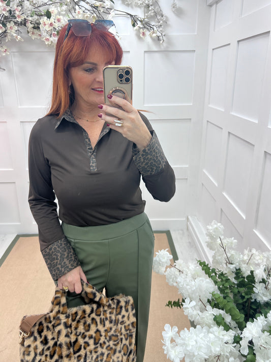 Layla: Leopard & brown stretchy layering shirt. 4 sizes