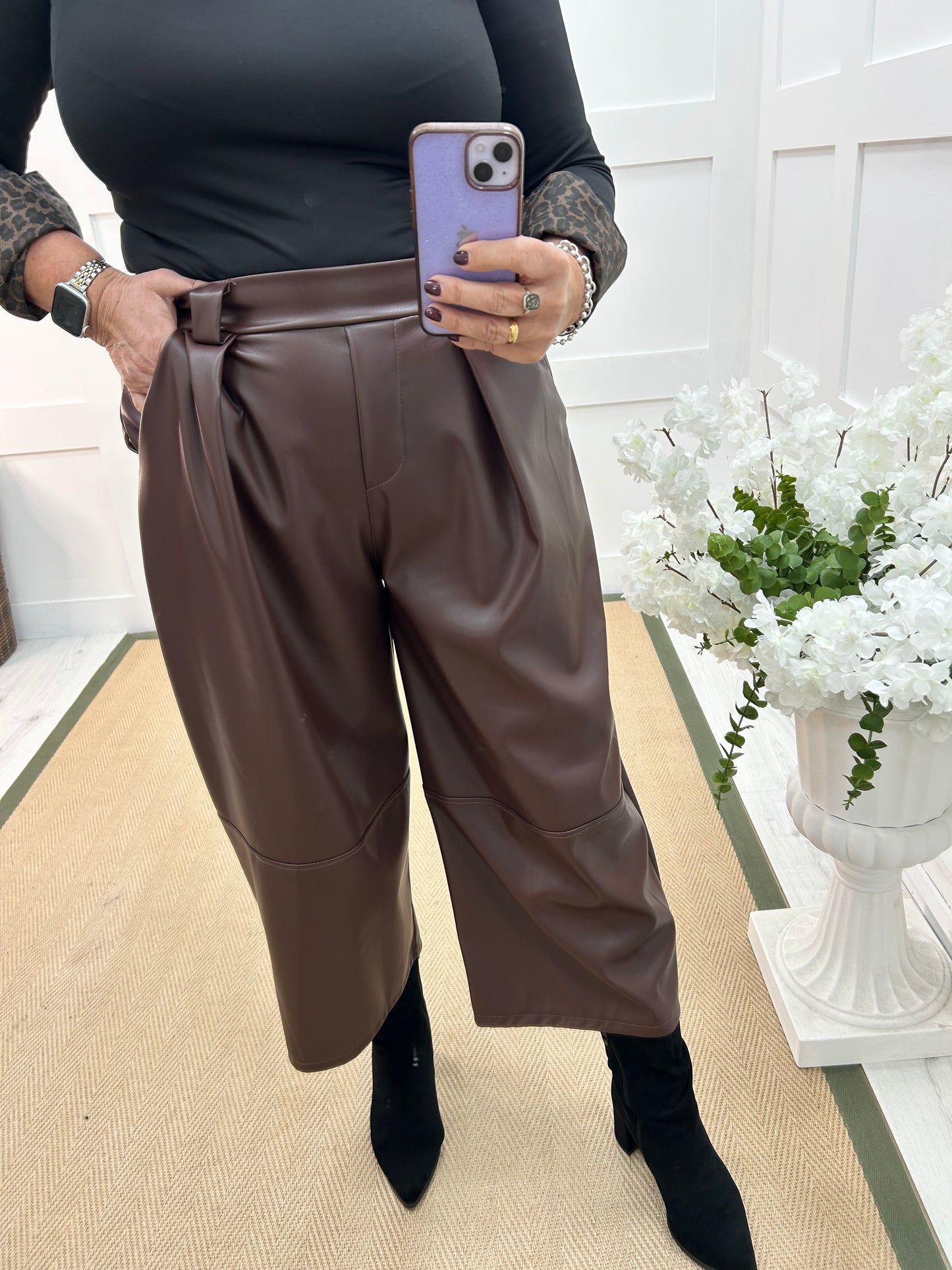 Allegra: Brown 3/4 faux leather belted trousers. One size: 14-18
