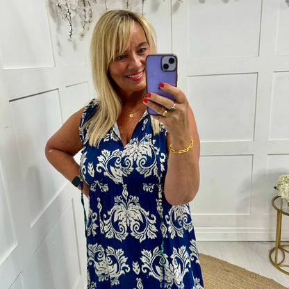 Danni: Navy & cream V neck maxi dress. One size: 12-18