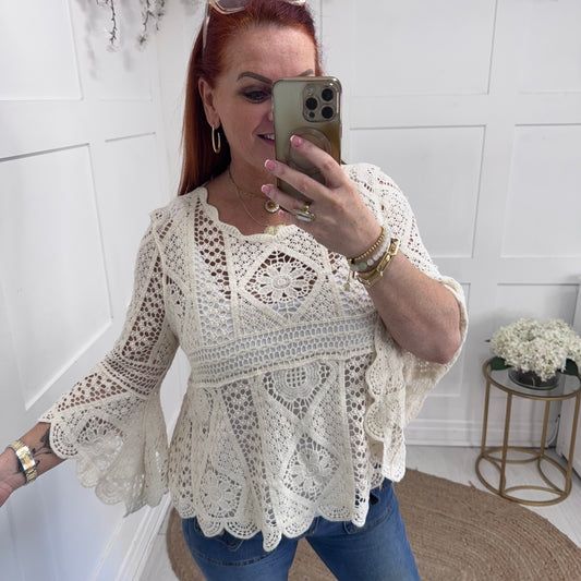 Morgan: Cream fluted arm crochet top. One size: 10-18