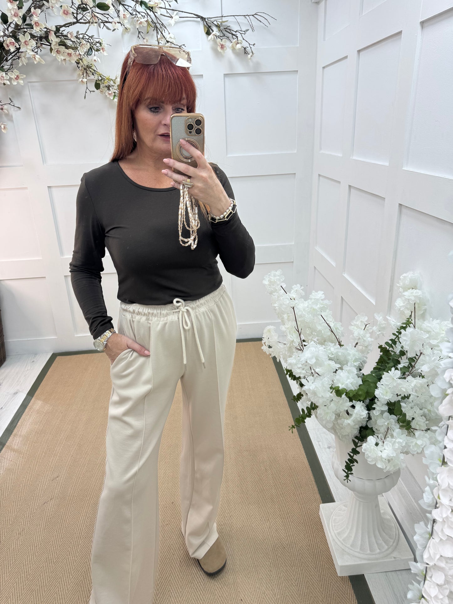 Bessie: Brown basic long sleeve top. One size: 10-16/18