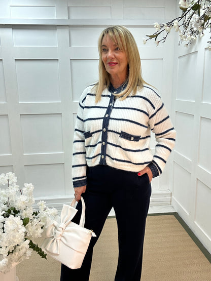 Camille: White and navy striped button cardigan. 2 sizes