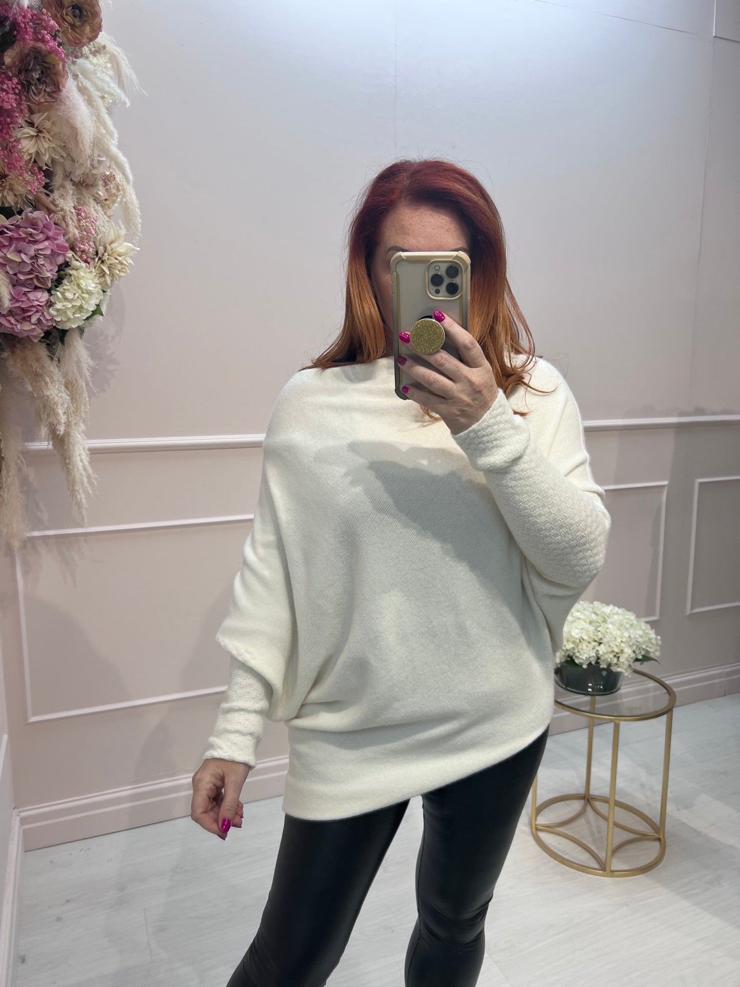 Erika: Asymmetrical slouch soft knit top. One size 10-18