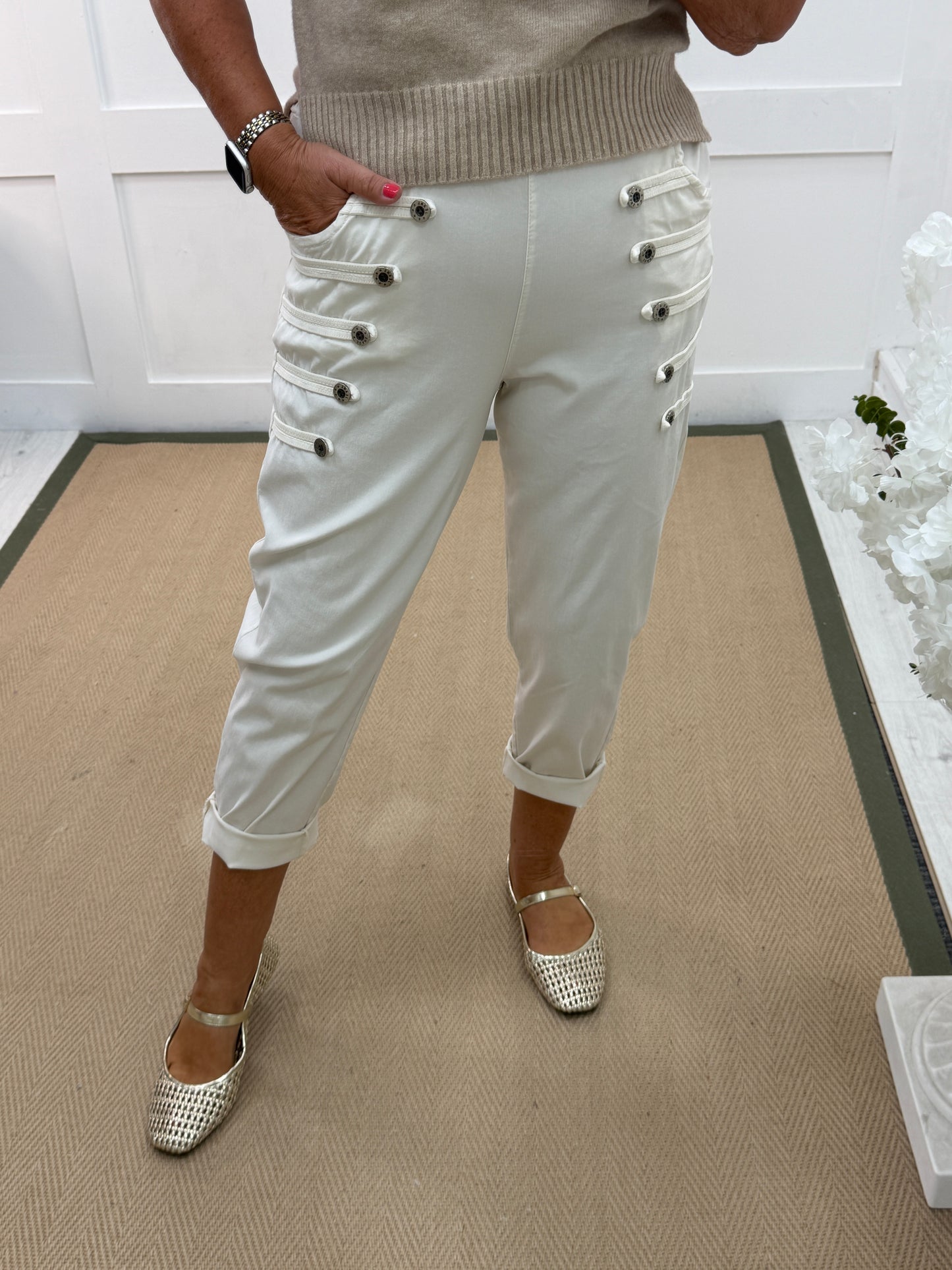 Mika: Stretchy military button detail magic trousers. One size 12-18. 3 colours