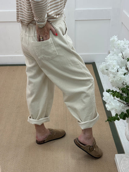 Zarah: Cream corduroy high waist trousers. One size: 12-16