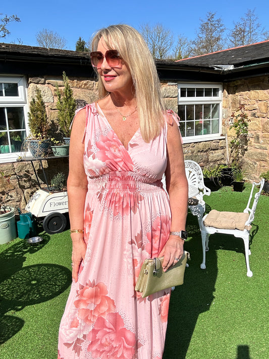 Phoebe: Stretchy pink maxi dress. One size 12-18