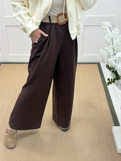 Ellis: Brown stretchy wide leg belted trousers One Size: 14-20