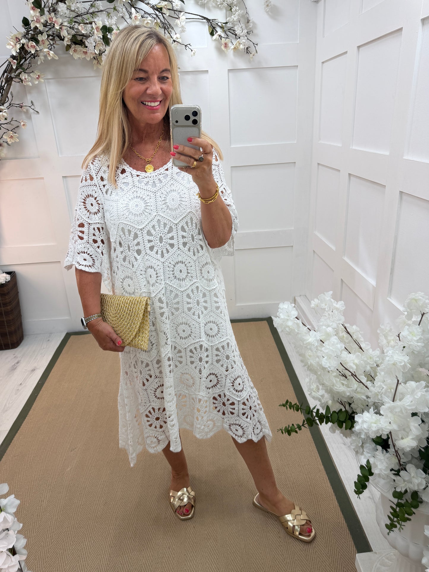 Alison: Long short sleeve crochet knit dress. One size: 12-18. 3 colours