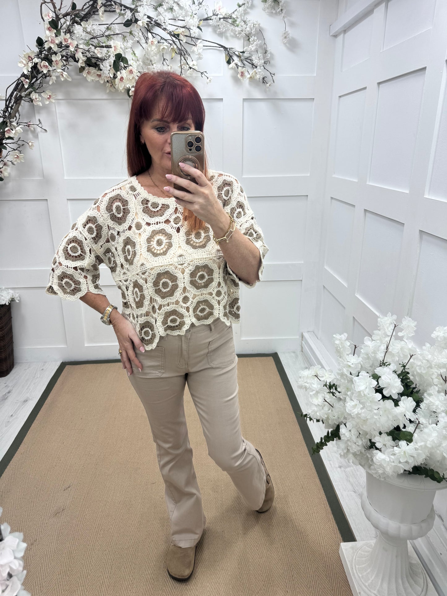 Candy: Mocha and cream short crochet top. One size: 12-16