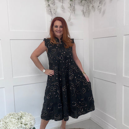 Ezra: Black sequin midi dress. One size 10-14