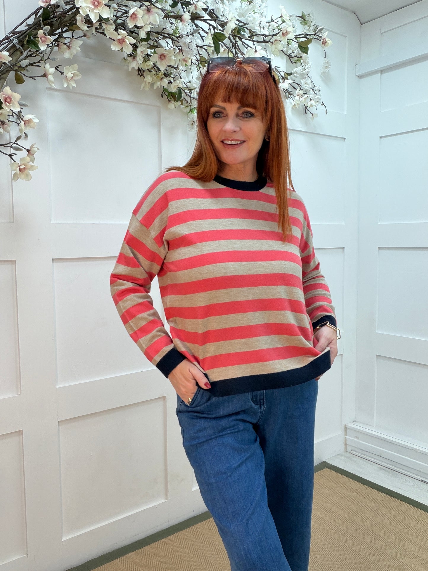 Solene: Coral & stone stripe long sleeve top. One size: 12-16
