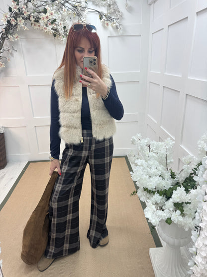 Tamara: Navy wide leg tartan check trousers. One size 10-16