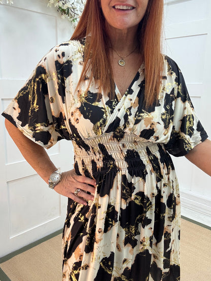 Dixi: Black & cream stretchy midi wrap dress. One size 12-22