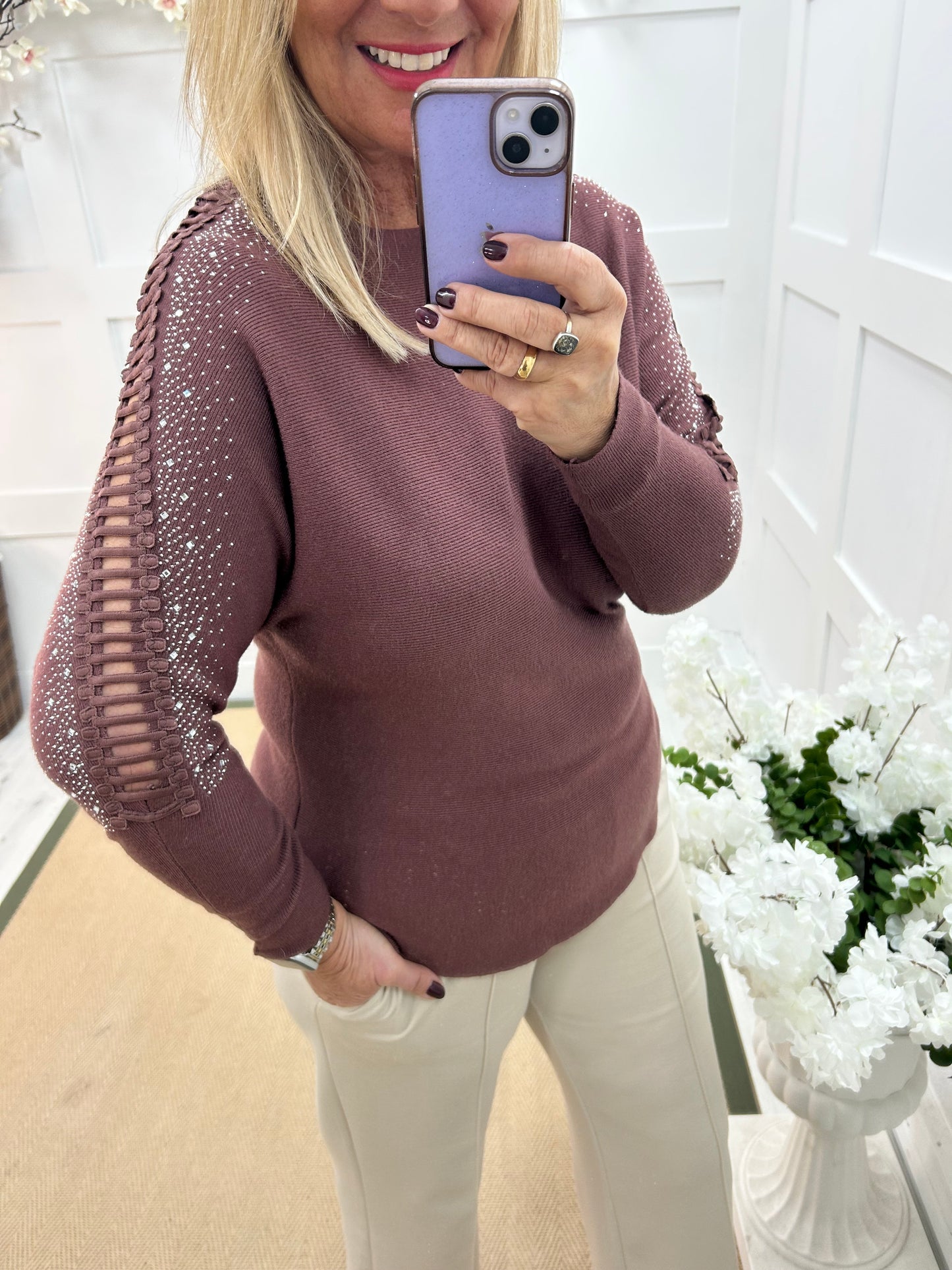 Arianne: Brown sparkle cutout shoulder top. One size: 12-16