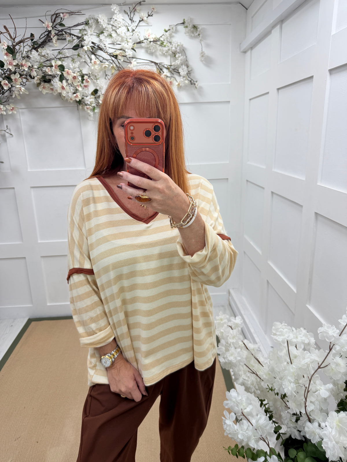 Eloise: 3/4 sleeve stripe V neck top. One size: 12-18. 4 colours