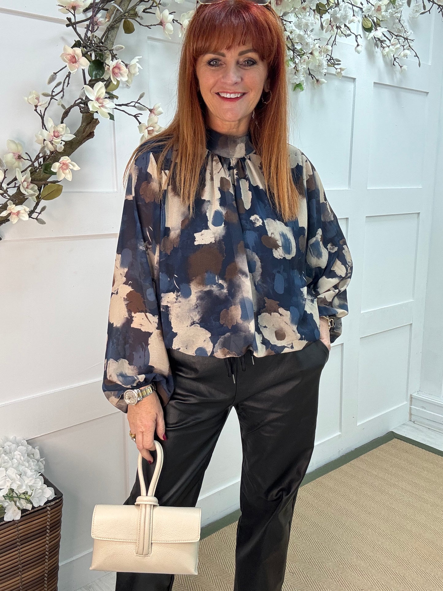 Holly: Navy & cream print high neck top. One size: 10-16