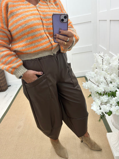 Drew: Brown faux leather cocoon trousers. One size: 12-18
