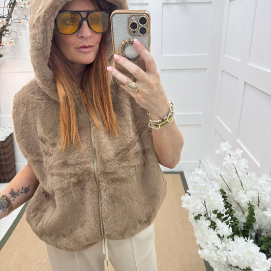 Sophie: Brown faux fur hoodie gilet. One size 12-18